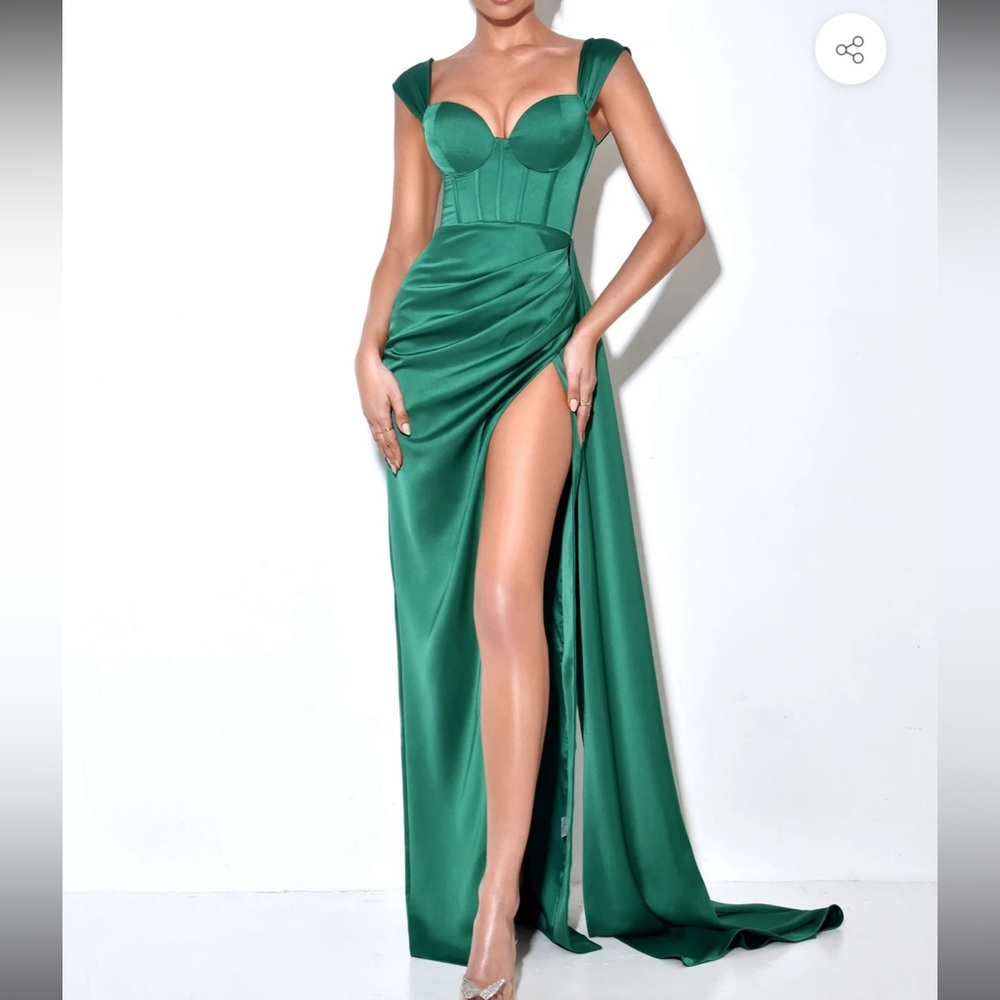 Green High Slit Corset Satin Gown